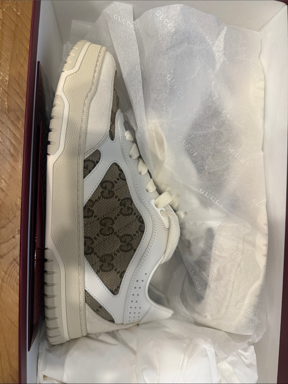 Gucci White Leather & Brown GG Canvas Sneakers with Red-Green Web - Picture 8 of 8